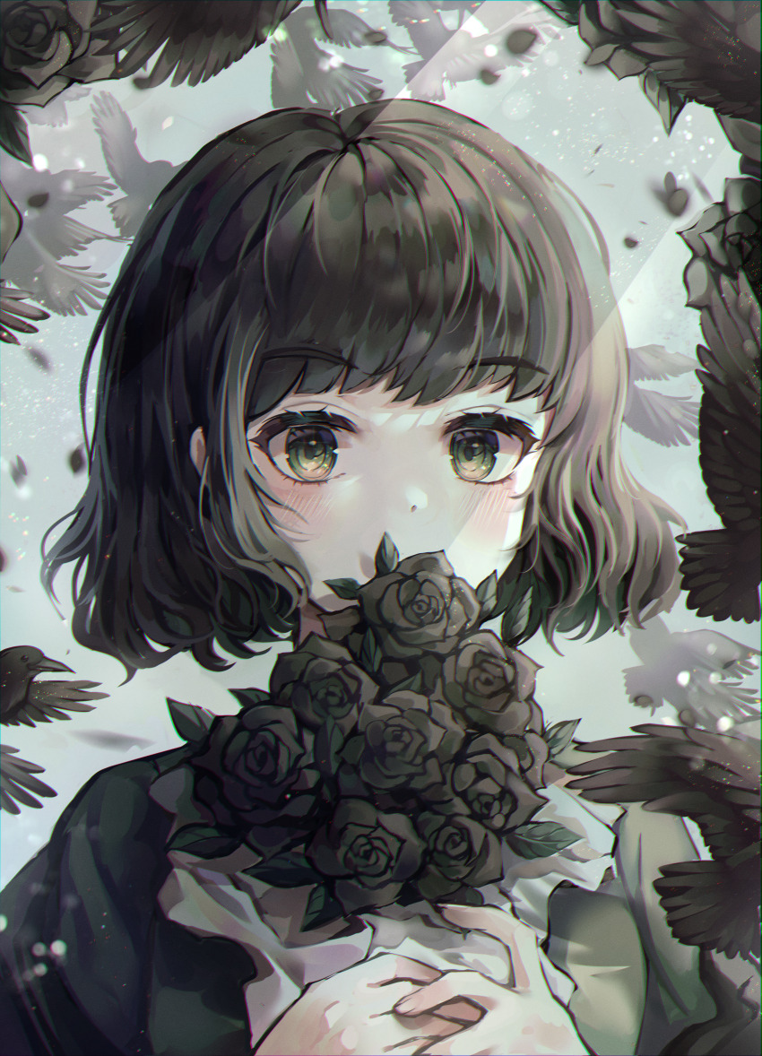1girl, absurdres, animal_ears, black_flower, black_hair, black_jacket, black_rose, cat_ears, flower, green_eyes, green_sweater, highres, holding, holding_flower, jacket, looking_at_viewer, mabushii_dna_dake_(zutomayo), mirage_(rairudiseu), nira-chan, nira-chan_(mabushii_dna_dake)_(zutomayo), rose, sweater, upper_body, zutto_mayonaka_de_ii_no_ni