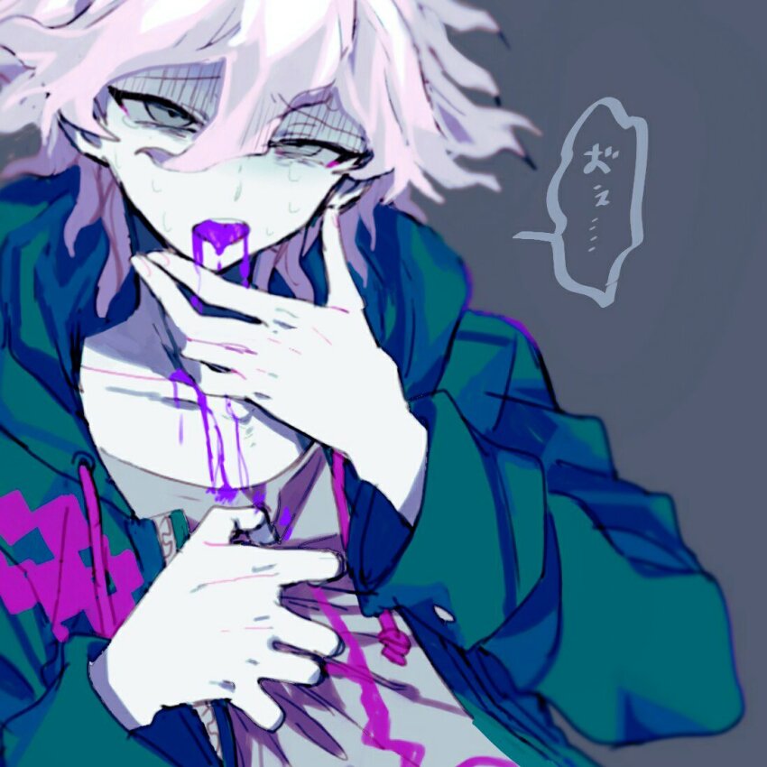 1boy, bad_source, danganronpa_(series), danganronpa_2:_goodbye_despair, green_jacket, grey_background, grey_eyes, grey_hair