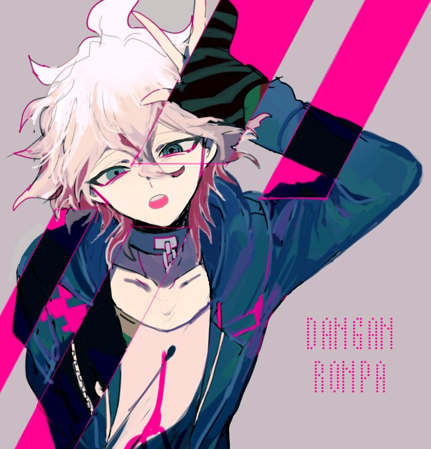 1boy, ahoge, arm_up, bad_source, collar, danganronpa_(series), danganronpa_2:_goodbye_despair, danganronpa_another_episode:_ultra_despair_girls