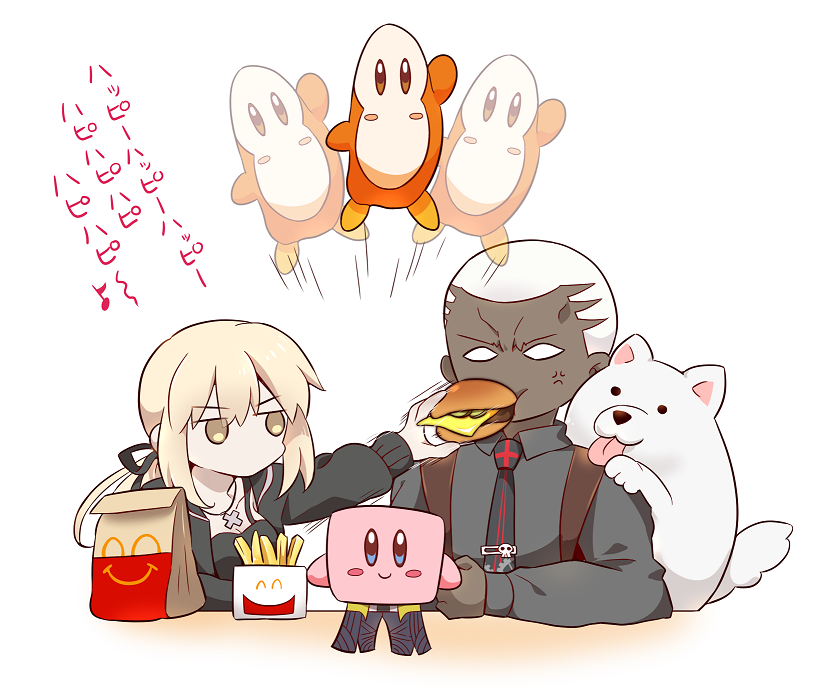 1boy, 1girl, artoria_pendragon_(fate), black_shirt, blonde_hair, buzz_cut, cavall_ii_(fate), chibi