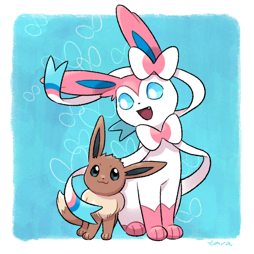 :3, animal_focus, black_eyes, blue_background, blue_eyes, border, commentary_request, eevee