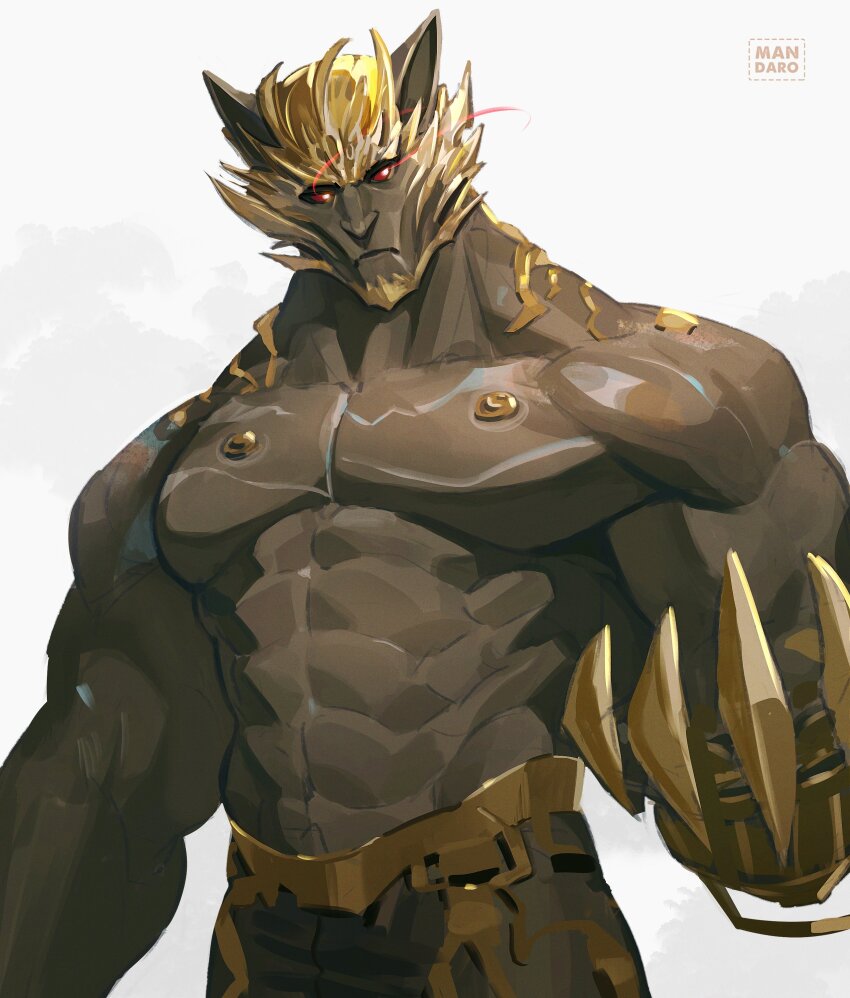 1boy, abs, absurdres, arcane:_league_of_legends, artist_name, augoose_cong, bara, beard, biceps, black_pants, blonde_hair, closed_mouth, commentary, english_commentary, facial_hair, fake_claws, furry, furry_male, glowing, glowing_eyes, highres, league_of_legends, looking_at_viewer, looking_down, pants, pectorals, red_eyes, topless_male, vander_(arcane), vander_(warwick)_(arcane), watermark, white_background