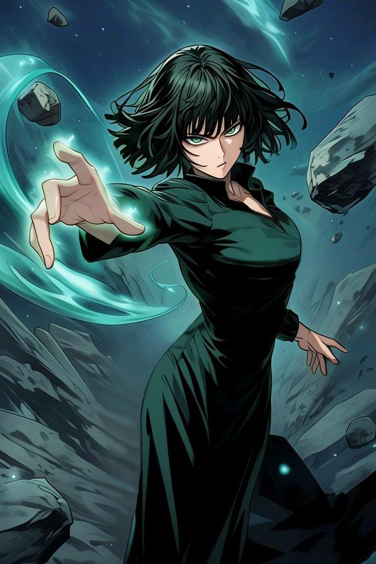 1girl, angry, aura, dress, fubuki_(one-punch_man), green_dress, green_eyes, looking_at_viewer
