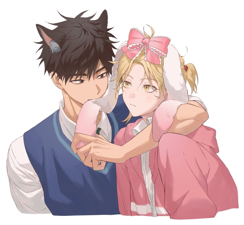 2boys, 5_taku, animal_ears, baek_eunyung, black_hair, blonde_hair, blue_vest, bow