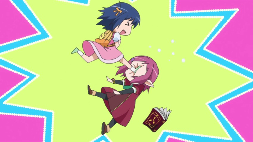 >_<, 2girls, :d, backpack, bag, blue_hair, book, bow