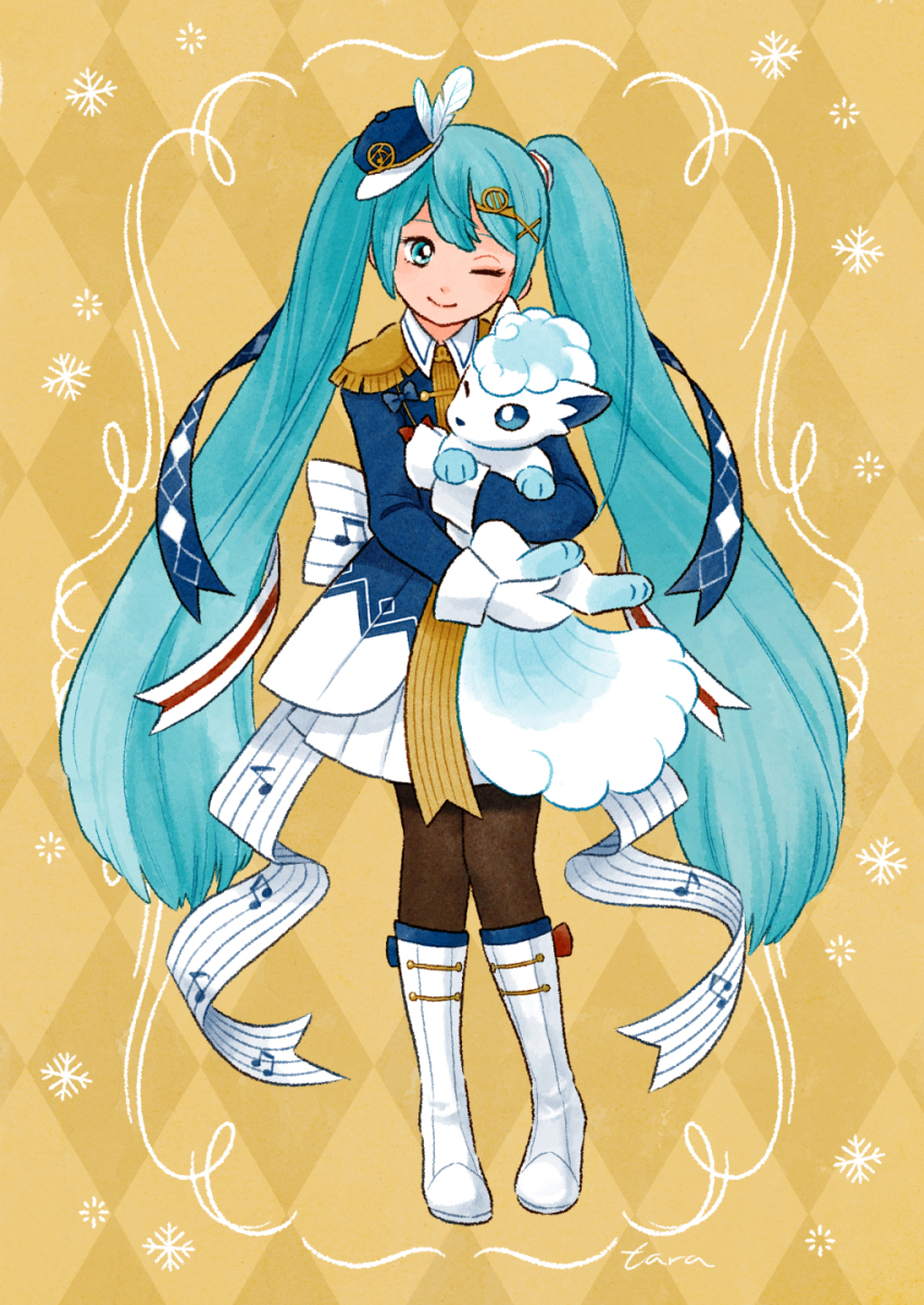 1girl, alolan_form, alolan_vulpix, argyle_background, blue_jacket, boots, brown_necktie, brown_pantyhose, closed_mouth, commentary_request, gen_7_pokemon, hair_ornament, hat, hatsune_miku, highres, holding, holding_pokemon, jacket, long_hair, musical_note, musical_note_print, necktie, nintendo, one_eye_closed, pantyhose, pokemon, pokemon_(creature), smile, taiyakineco, twintails, very_long_hair, vocaloid, white_footwear, yuki_miku, yuki_miku_(2020)