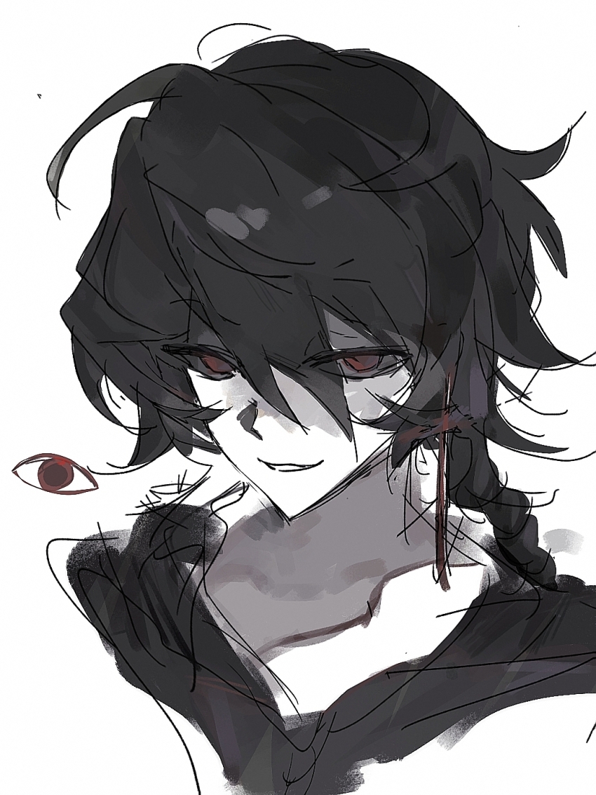 1boy, black_hair, black_shirt, chen_ling_(wo_bushi_xi_shen), chinese_commentary, colored_skin, commentary_request, cropped_shoulders