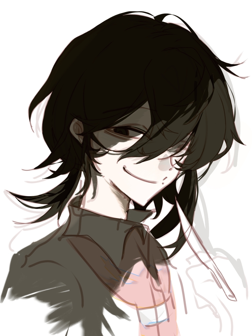 1boy, black_eyes, black_hair, chinese_commentary, closed_mouth, commentary_request, fanguan, grin, hair_between_eyes, highres, holding, holding_scalpel, jacket, male_focus, medium_hair, mo_chengwei, mole, mole_under_mouth, open_clothes, open_jacket, pink_shirt, portrait, scalpel, shirt, sketch, smile, solo, touqi_guaitan, variant_set, white_jacket, white_shirt