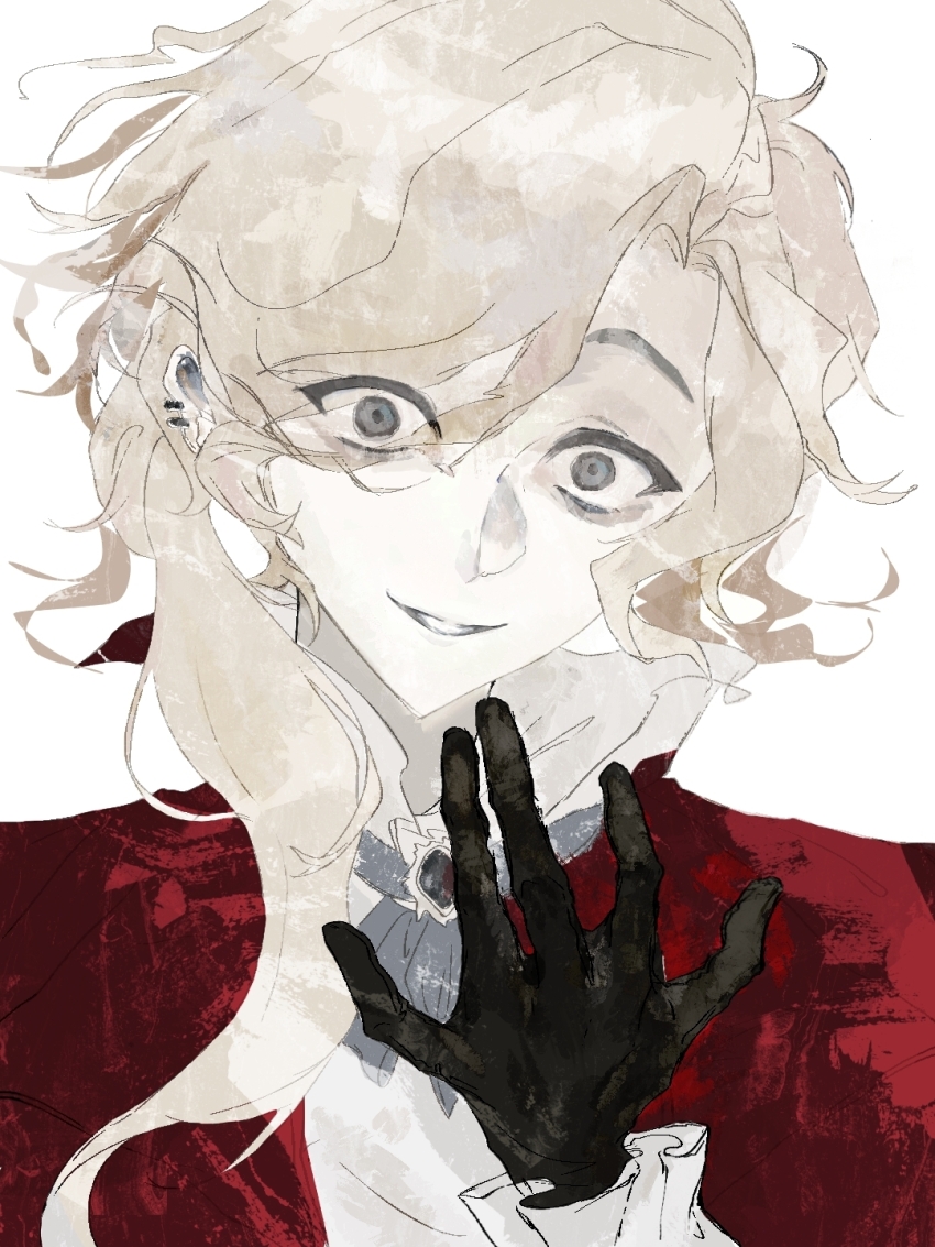 1boy, ascot, black_eyes, black_gloves, blonde_hair, brooch, chinese_commentary, commentary_request