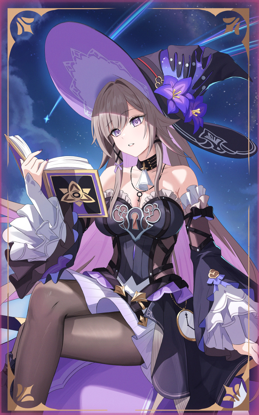 1girl, absurdres, ascot, bare_shoulders, black_collar, black_dress, black_sleeves, book