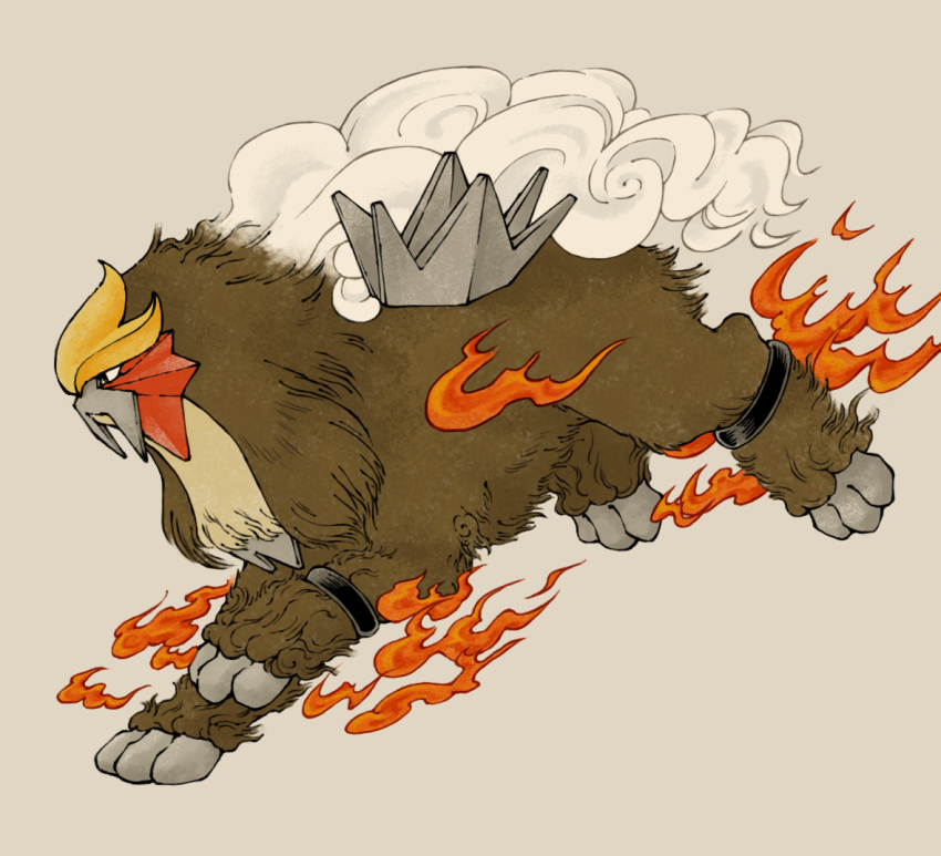 animal_focus, closed_mouth, commentary_request, entei, fire, full_body, gen_2_pokemon, grey_background