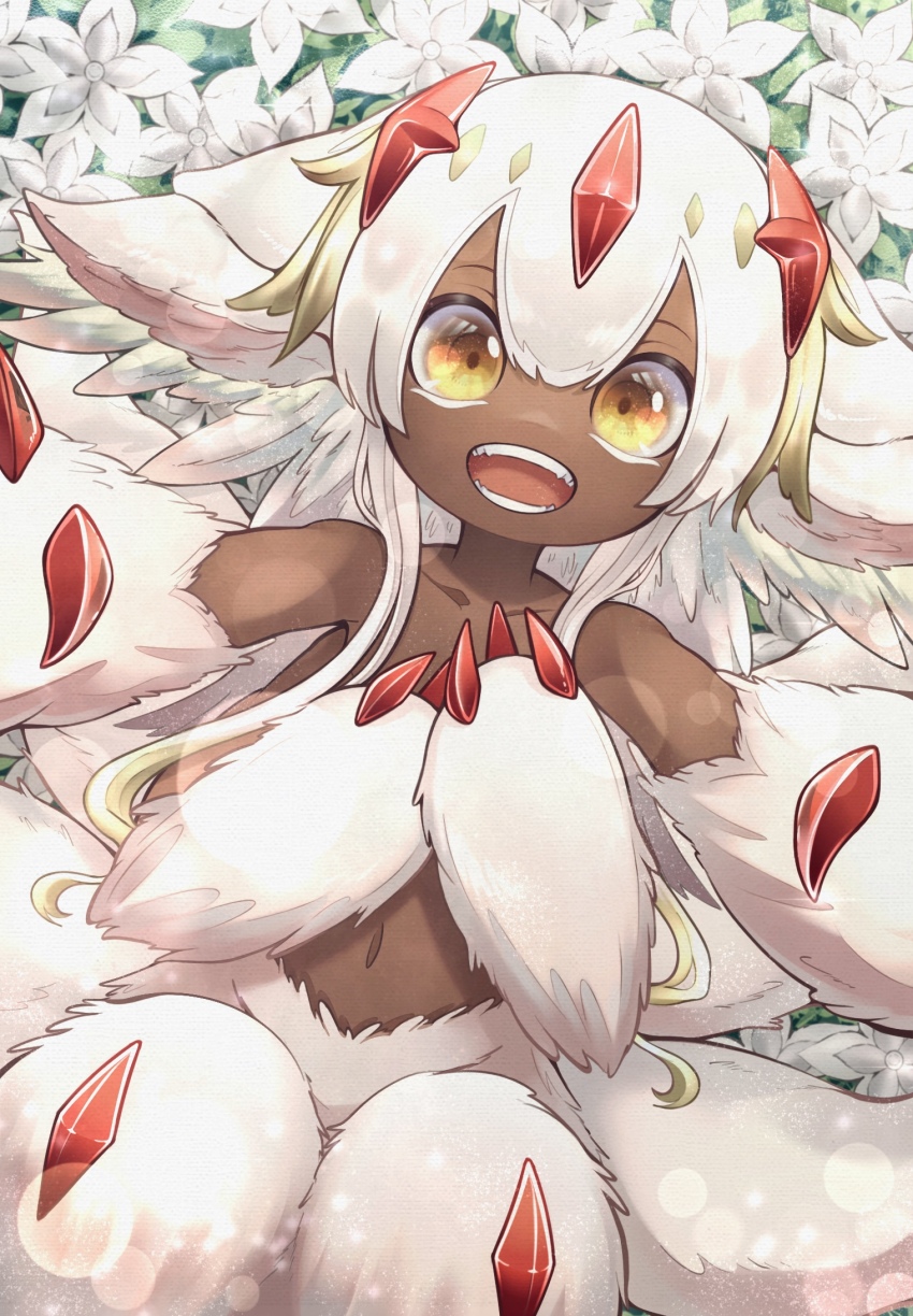 1girl, dark-skinned_female, dark_skin, extra_arms, faputa, fewer_digits, flower, highres, looking_at_viewer, made_in_abyss, navel, open_mouth, ru-san_0617, solo, teeth, white_flower, white_fur, white_hair, yellow_eyes