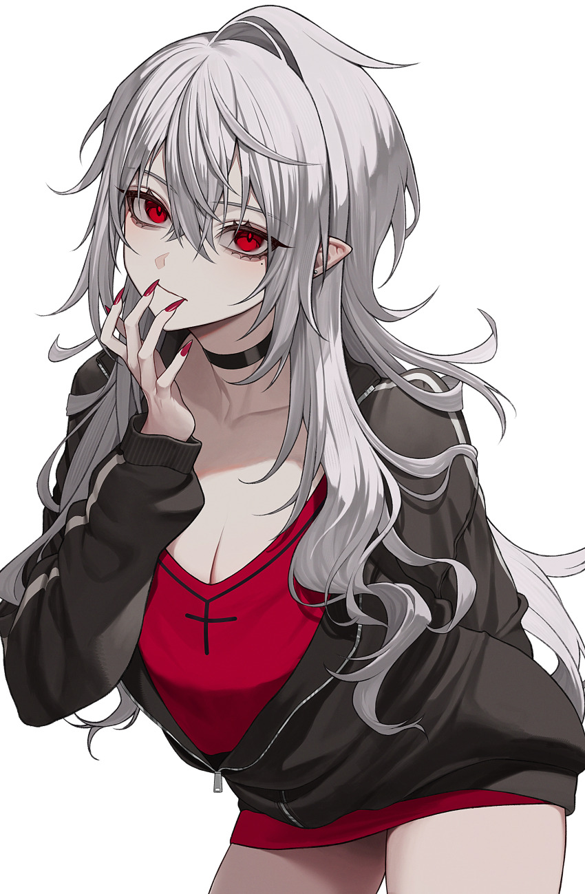 1girl, absurdres, aoringo1875, black_jacket, breasts, cleavage, closed_mouth, genderswap, genderswap_(mtf), grey_hair, highres, jacket, kuzuha_(nijisanji), long_hair, looking_at_viewer, nijisanji, pointy_ears, red_eyes, red_nails, red_shirt, sanya_(2nd_costume)_(nijisanji), sanya_(nijisanji), shirt, simple_background, solo, virtual_youtuber, white_background