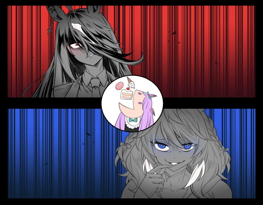 3girls, ahoge, animal_ears, aqua_bow, aqua_bowtie, biting_own_lip, blue_background, blue_eyes, bow, bowtie, braid, bright_pupils, cake, cake_slice, commentary, cross, cross_earrings, donut, ear_bow, earrings, eyebrows_hidden_by_hair, finger_to_mouth, food, fukuro_(maruaru00), genderswap, genderswap_(mtf), gesugao, glaring, glazed_donut, hair_over_one_eye, head_tilt, highres, horse_ears, horse_girl, ice_cream, inverted_cross, inverted_cross_earrings, jewelry, long_bangs, medium_hair, mejiro_mcqueen_(umamusume), multicolored_hair, multiple_girls, necktie, original, personification, purple_eyes, purple_hair, red_background, red_eyes, sanpaku, short_braid, single_earring, smile, smirk, soccer_boy_(racehorse), soft_serve, sunday_silence_(racehorse), twin_braids, umamusume