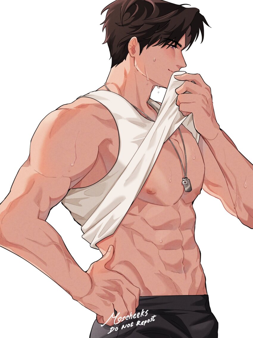 1boy, abs, artist_name, black_hair, black_pants, blonde_hair, caleb_(love_and_deepspace), closed_mouth