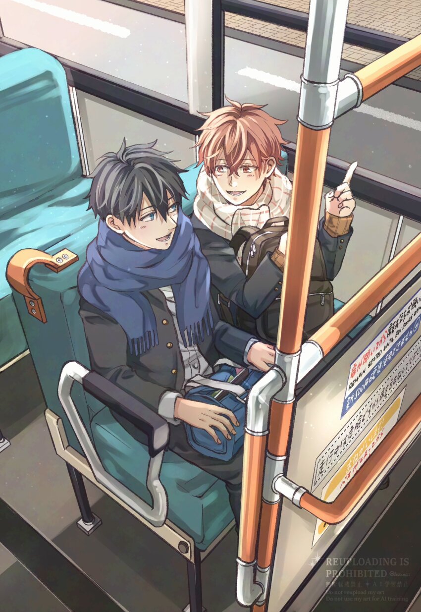 2boys, black_hair, black_jacket, black_pants, blue_eyes, blue_scarf, bus_interior, chair