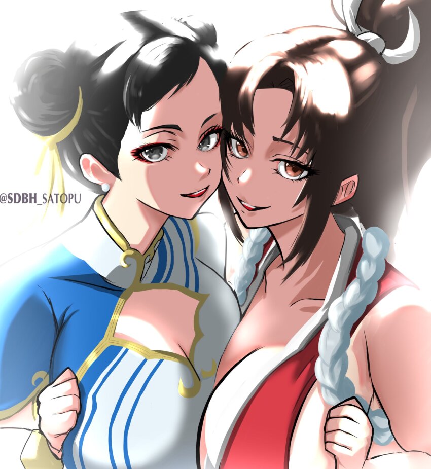 2girls, ass, bracelet, breasts, breasts_on_breasts, brown_eyes, brown_hair, capcom