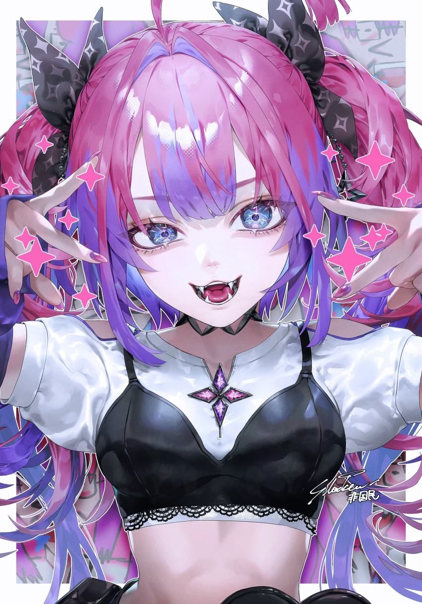 1girl, absurdres, ahoge, black_bra, black_choker, black_ribbon, blue_eyes, border