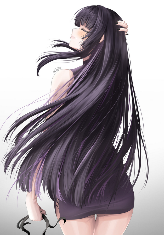 1girl, black_hair, blunt_bangs, blunt_ends, blush, borrowed_character, cerguss, closed_eyes, closed_mouth, commentary, contrapposto, cowboy_shot, dress, english_commentary, from_behind, grey_background, hair_down, hair_focus, hand_on_own_head, holding, holding_ribbon, long_hair, mio_(rosumini), original, purple_dress, purple_hair, ribbon, sidelocks, simple_background, sleeveless, sleeveless_dress, solo, standing
