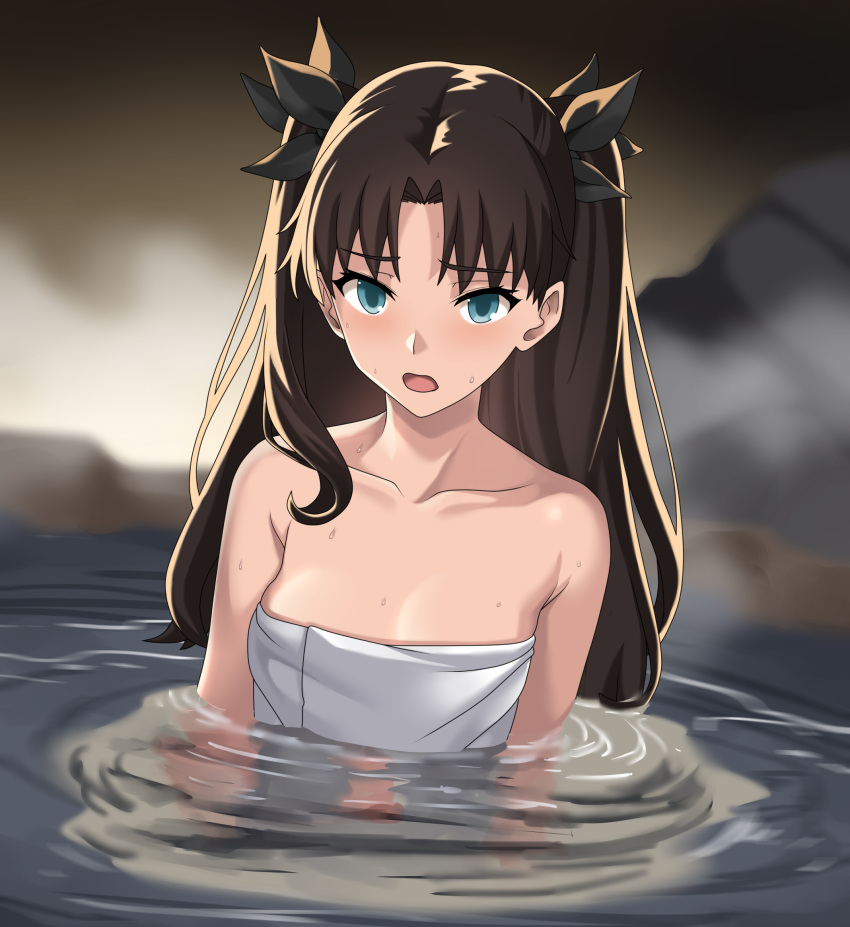 1girl, armpit_crease, bare_shoulders, bathing, black_hair, blue_eyes, blurry, blurry_background