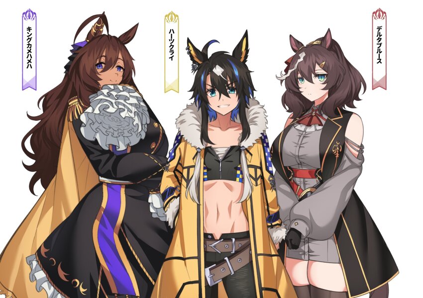 3girls, ahoge, alternate_costume, alternate_hairstyle, animal_ears, aqua_eyes, bandeau, bare_shoulders