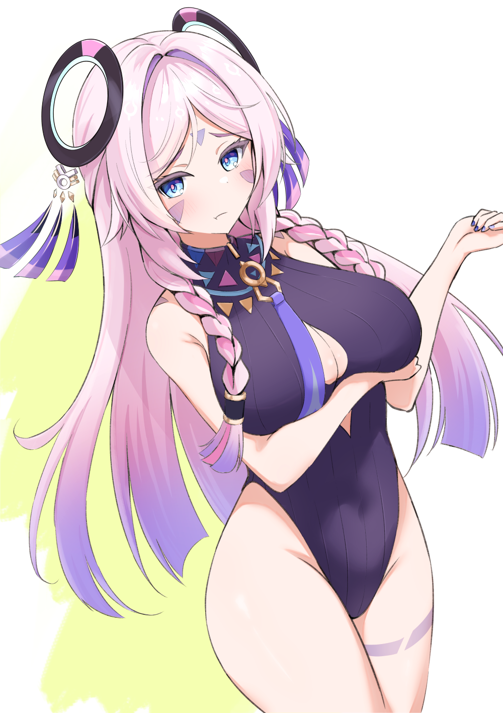 1girl, :t, arm_under_breasts, armpit_crease, bare_shoulders, blue_eyes, blue_nails, blush, breasts, citlali_(genshin_impact), closed_mouth, covered_navel, facial_mark, feathers, fingernails, forehead_mark, genshin_impact, gradient_hair, hair_intakes, highres, large_breasts, leotard, long_hair, looking_at_viewer, mikisarara, multicolored_hair, nail_polish, necktie, pink_feathers, pink_hair, pink_pupils, pout, purple_leotard, purple_necktie, ribbed_leotard, ring_hair_ornament, solo, thigh_marking, thighs, triangle, triangle_facial_mark, two-tone_hair, white_background