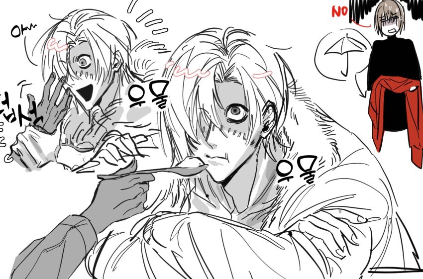 1girl, 2boys, :t, blonde_hair, coat, crossed_arms, eating, feeding