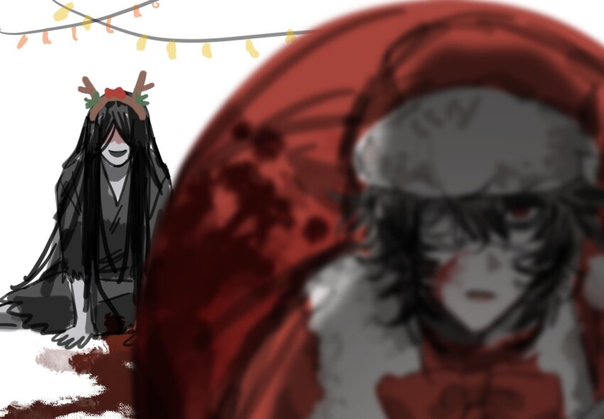 1boy, 1girl, antlers, black_hair, black_kimono, blood, blood_on_face, blurry