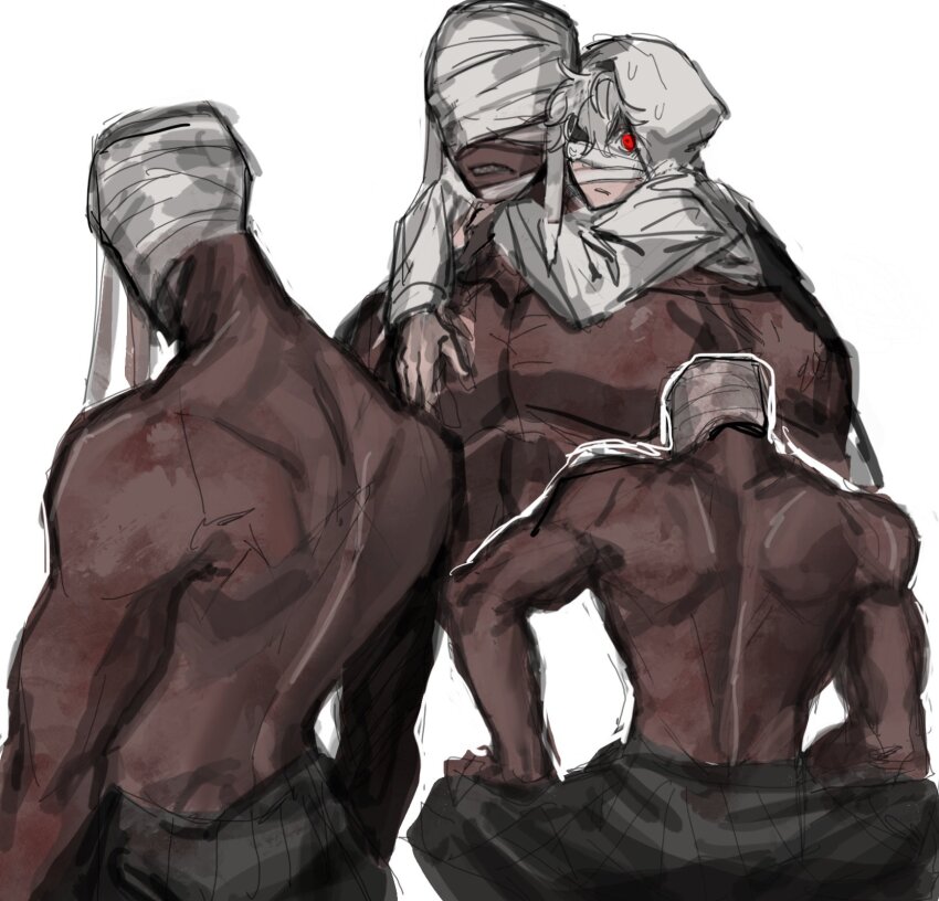 1boy, 1girl, bandaged_head, bandages, black_skirt, carrying, commentary_request, adashino_adami