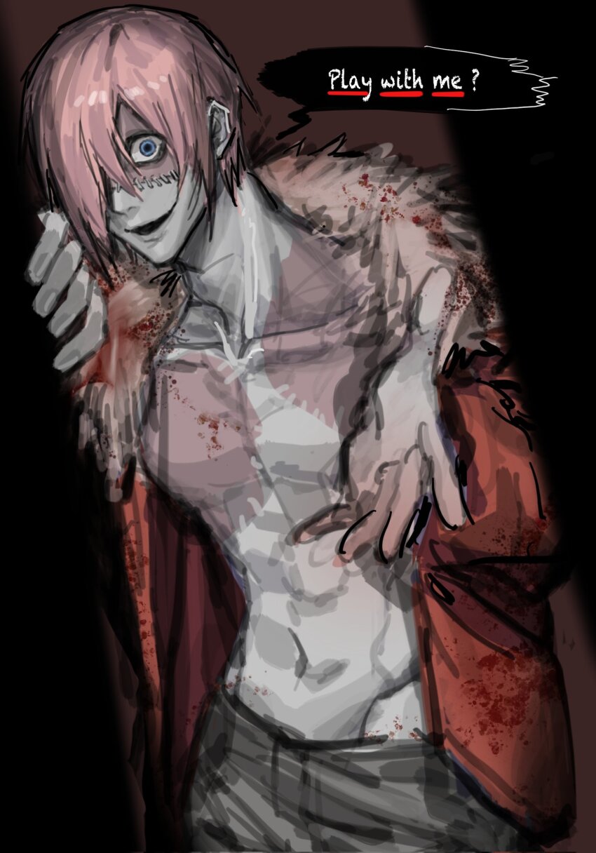 1boy, blood, blood_on_chest, blood_on_clothes, blue_eyes, coat, commentary_request, english_text