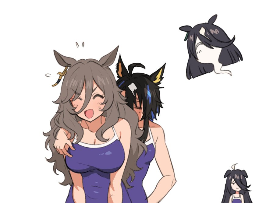 1other, 3girls, ahoge, animal_ears, arm_around_shoulder, black_hair, blue_hair, blunt_ends