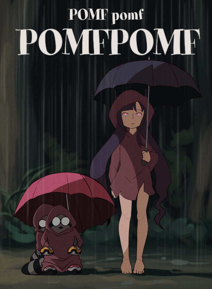 1girl, absurdres, animal, barefoot, black_hair, brown_hoodie, glowing, glowing_eyes