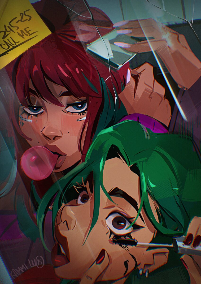 2girls, absurdres, applying_makeup, artist_name, blowing_bubble_gum, blowing_bubbles, blue_eyes, brown_eyes