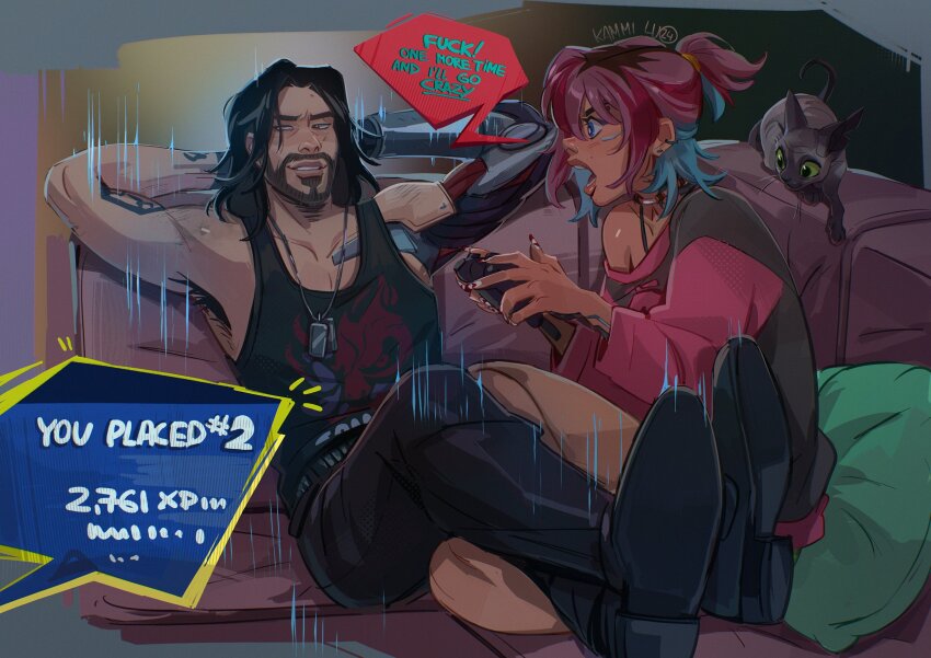 1boy, 1girl, arms_behind_head, beard, black_cat, black_footwear, black_hair, black_pants