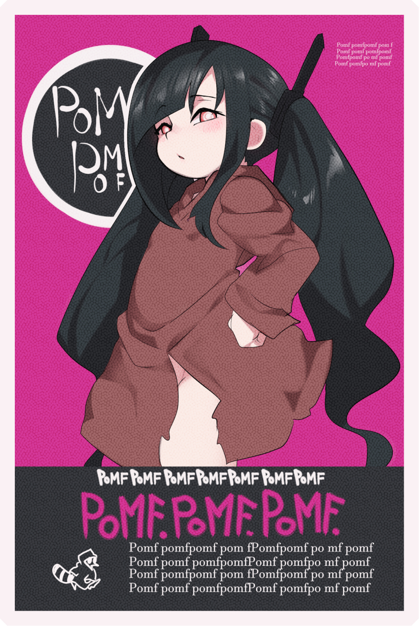 1girl, :o, black_hair, blunt_bangs, blush, border, brown_hoodie, commentary, cowboy_shot, english_commentary, from_side, highres, hood, hood_down, hoodie, jcm2, loli, long_hair, long_sleeves, original, pink_background, pomf, pomf_(jcm2), raccoon, red_eyes, solo, twintails, white_border
