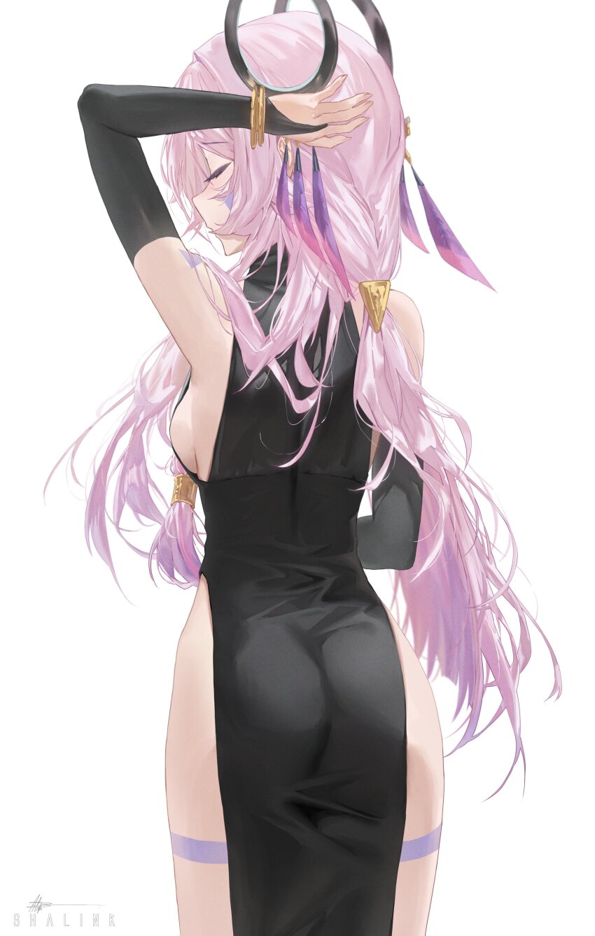 1girl, absurdres, ass, backboob, black_bridal_gauntlets, black_dress, blush, bracelet