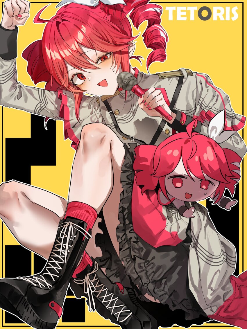 1girl, ahoge, border, bow, buttons, chibi, double-breasted, double-parted_bangs