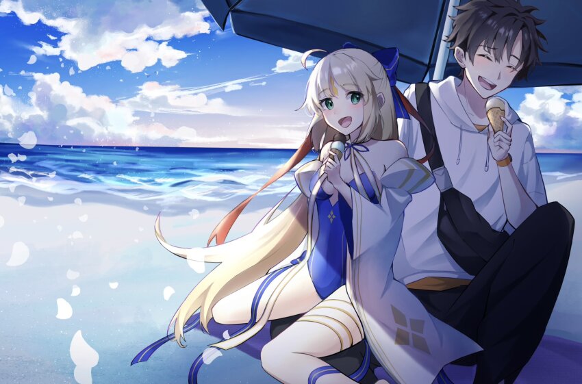1boy, 1girl, artoria_caster_(fate), artoria_caster_(swimsuit_berserker)_(third_ascension)_(fate), artoria_pendragon_(fate), bare_shoulders, beach, black_hair