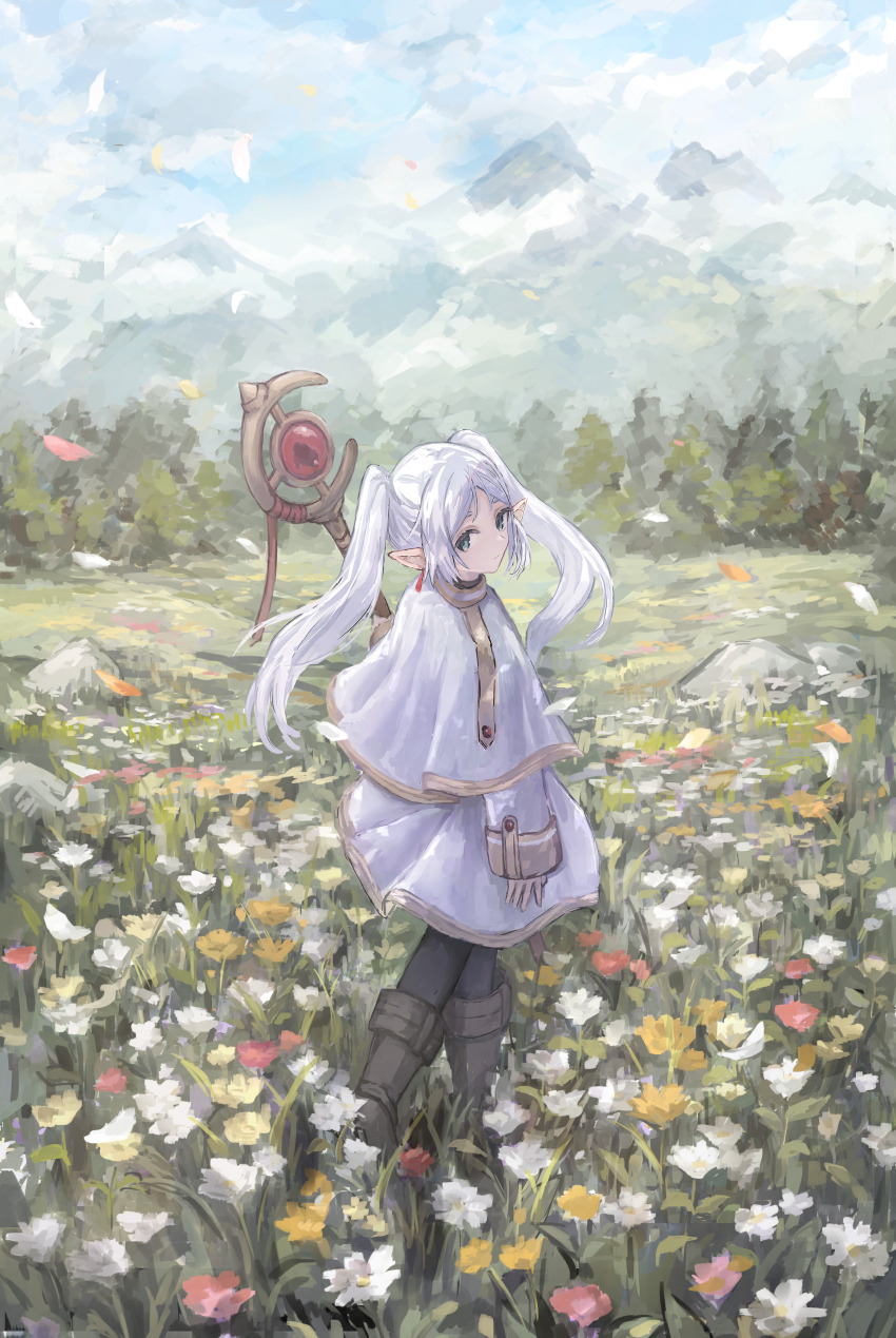 1girl, absurdres, black_pantyhose, boots, brown_boots, capelet, cloud, commentary_request