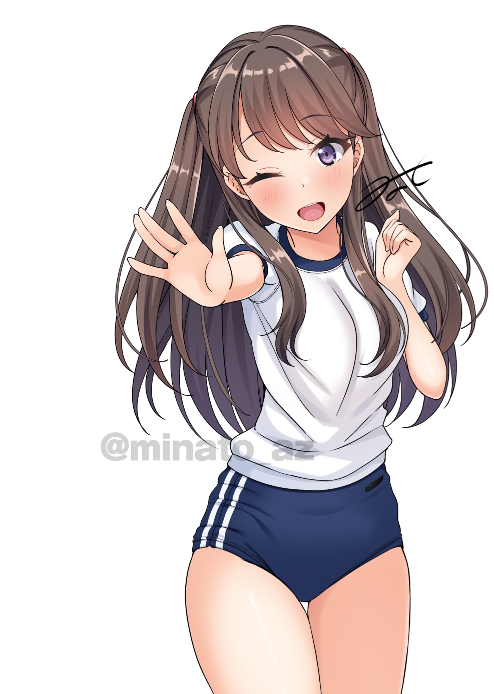 1girl, ;d, blue_buruma, blush, breasts, brown_hair, buruma, clenched_hand, commentary, cowboy_shot, fujishima_megumi, gym_uniform, hand_up, hellomegu!, highres, hino_minato_(spec.c), link!_like!_love_live!, long_hair, looking_at_viewer, love_live!, medium_breasts, one_eye_closed, open_mouth, outstretched_arm, purple_eyes, shirt, short_sleeves, signature, simple_background, smile, solo, twitter_username, two_side_up, virtual_youtuber, white_background, white_shirt