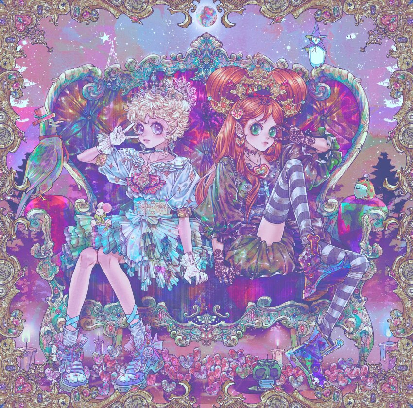 2girls, absurdres, bad_id, bad_twitter_id, bird, blanca_(sugar_sugar_rune), blonde_hair, candlelight