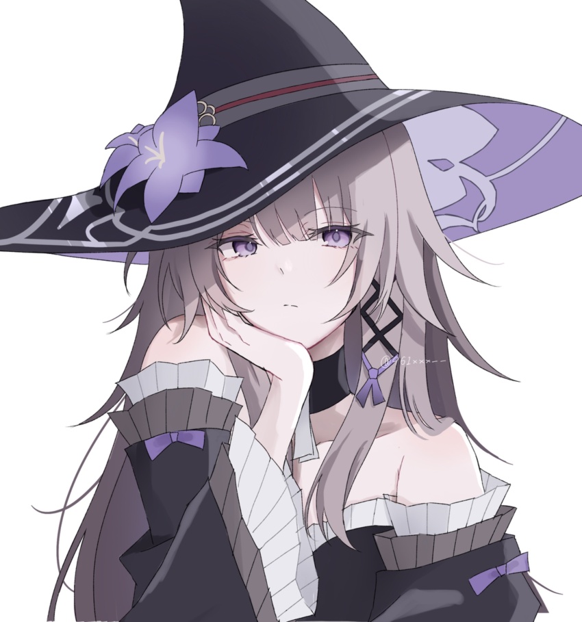 1girl, 961_kuru, black_dress, black_hat, black_sleeves, brown_hair, closed_mouth, dress