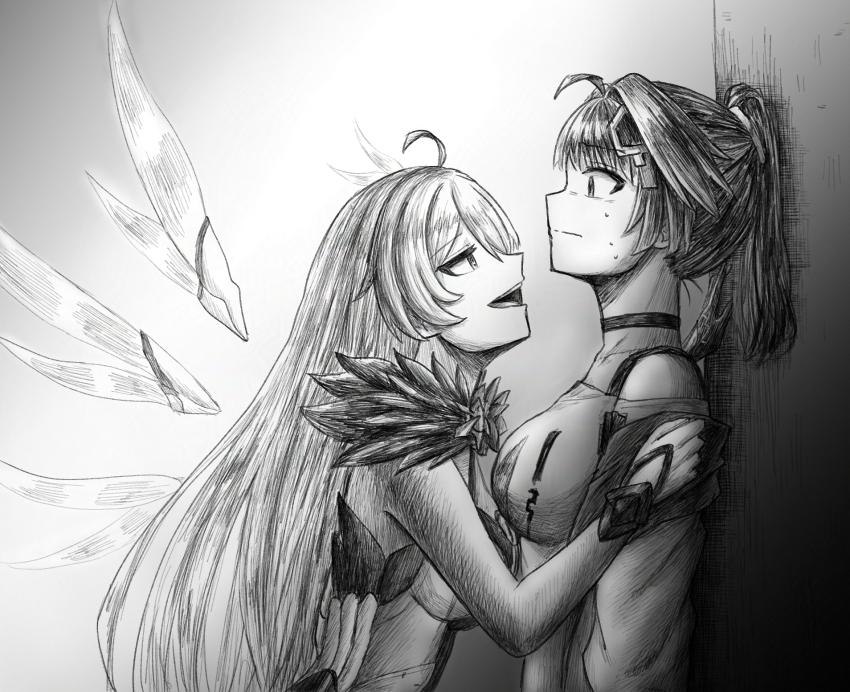 2girls, ahoge, bra_strap, choker, closed_mouth, commentary, fur_trim, gloves