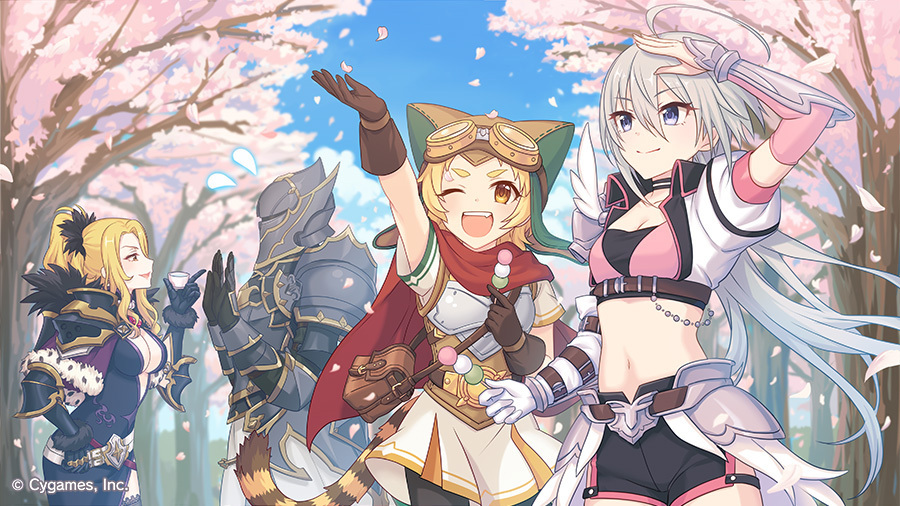 4girls, ahoge, arm_up, armor, blonde_hair, breasts, cherry_blossoms, christina_(princess_connect!)