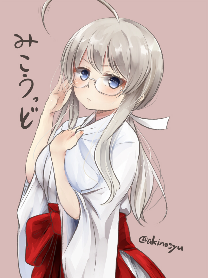 1girl, adjusting_eyewear, ahoge, akino_shuu, blue_eyes, blush, breasts, brown_background