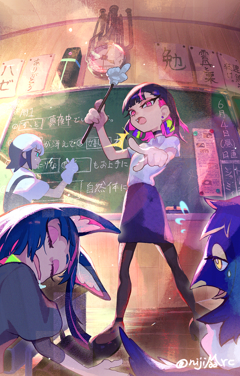 1other, 3girls, alternate_costume, animal_ear_fluff, animal_ears, aqua_eyes, bird_girl, black_choker, black_footwear, black_hair, black_overalls, black_pantyhose, black_shirt, blue_fur, blue_hair, blue_skirt, board_eraser, cat_ears, cat_girl, chalk, chalkboard, choker, clock, closed_eyes, collared_shirt, colored_inner_animal_ears, colored_inner_hair, drooling, earrings, fastening_(zutomayo), gloves, high_heels, highres, holding, holding_chalk, jewelry, kung-fu-piggy, kuraku_kuroku_(zutomayo), layered_sleeves, multicolored_hair, multiple_girls, mune_no_kemuri_(zutomayo), nijimaarc, nira-chan, nira-chan_(mune_no_kemuri)_(zutomayo), nira-chan_(obenkyou_shitoiteyo)_(zutomayo), obenkyou_shitoiteyo, open_mouth, overalls, pantyhose, pink_eyes, pink_hair, robota_(zutomayo), sammy_(kung-fu-piggy), shirt, short_sleeves, sidelocks, signature, skirt, sleeping, streaked_hair, sweatdrop, teiketsu_(fastening)_(zutomayo), teiketsu_(zutomayo), triangle_earrings, two-tone_fur, two-tone_hair, wall_clock, white_gloves, white_hair, white_shirt, yellow_eyes, yellow_fur, zutto_mayonaka_de_ii_no_ni