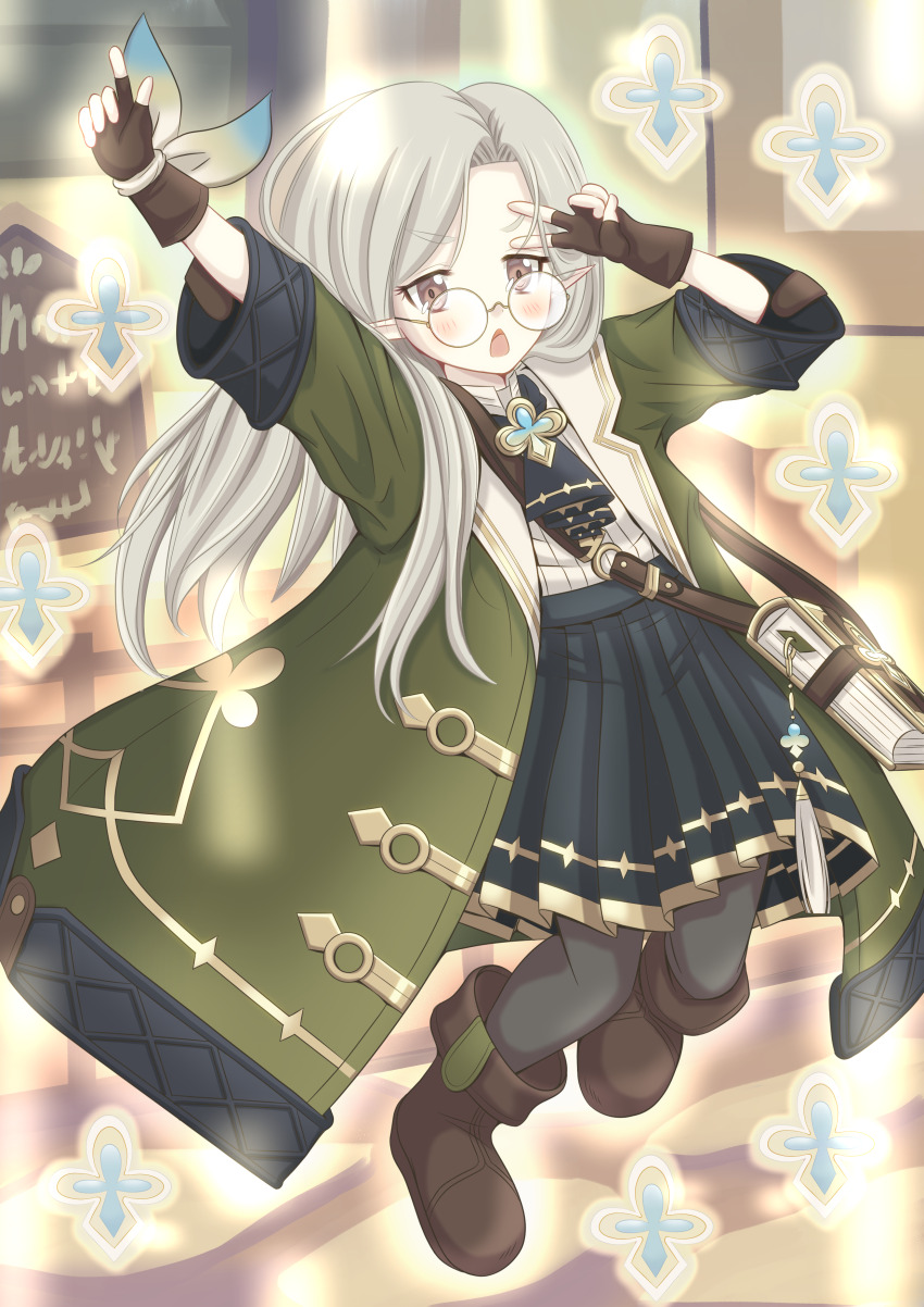 1girl, absurdres, arms_up, boots, breasts, brown_eyes, coat, forehead