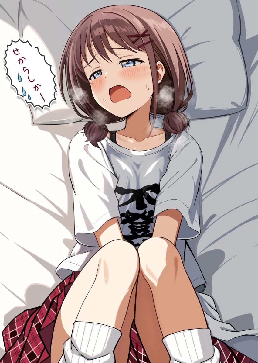 1girl, absurdres, blue_eyes, blush, brown_hair, check_commentary, clothes_writing, collarbone, commentary_request, feet_out_of_frame, girls_band_cry, hair_ornament, half-closed_eyes, head_on_pillow, highres, iseri_nina, loose_socks, low_twintails, lying, medium_hair, miniskirt, official_alternate_costume, on_back, on_bed, open_mouth, pillow, plaid_clothes, plaid_skirt, pleated_skirt, red_skirt, shikai_no_sumi_kuchiru_oto, shirt, short_sleeves, short_twintails, skirt, socks, solo, steaming_body, strap, sweat, t-shirt, translation_request, twintails, white_shirt, white_socks, x_hair_ornament, zaofeng