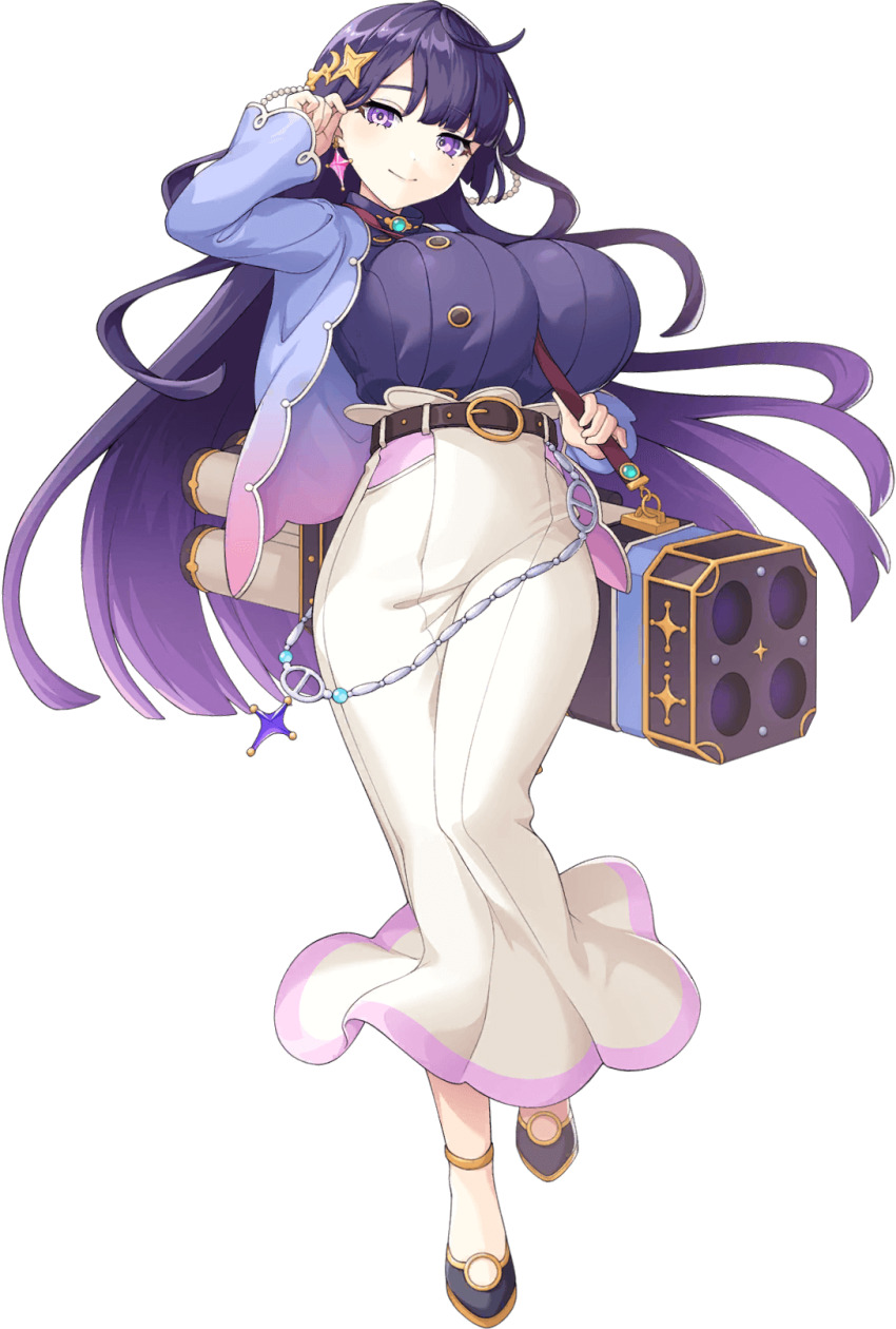 1girl, artist_request, belt, between_breasts, black_footwear, breasts, buttons, cassiopeia_(legend_clover), earrings, full_body, game_cg, hair_ornament, highres, jacket, jewelry, large_breasts, legend_clover, light_smile, long_sleeves, m202_flash, mole, mole_under_eye, multicolored_hair, multishot_rocket_launcher, official_art, purple_eyes, purple_hair, purple_shirt, rocket_launcher, shirt, single_earring, star_(symbol), star_earrings, star_hair_ornament, strap_between_breasts, third-party_source, transparent_background, weapon