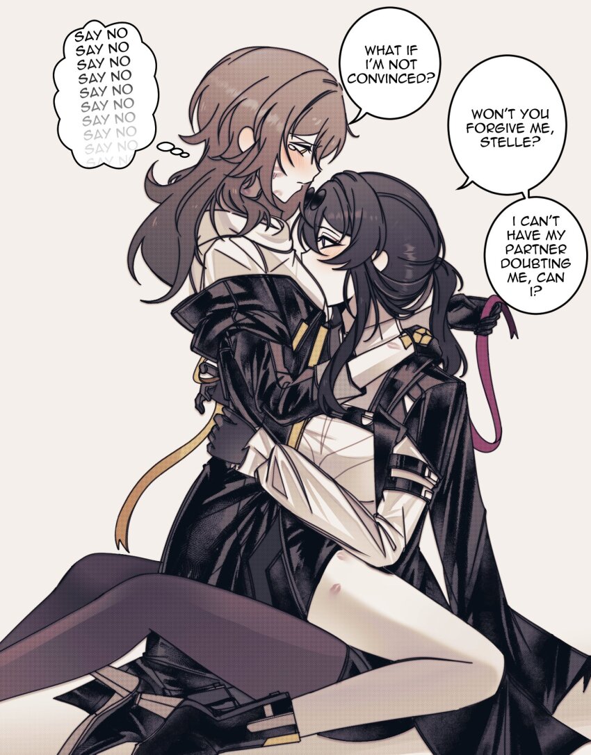 2girls, between_breasts, birdburglar99, blush, boots, breasts, closed_mouth, commentary, english_commentary, english_text, eyewear_on_head, face_between_breasts, grey_background, hand_on_another's_waist, head_between_breasts, high_heel_boots, high_heels, highres, honkai:_star_rail, honkai_(series), jacket, jacket_on_shoulders, kafka_(honkai:_star_rail), lipstick_mark, lipstick_mark_on_face, lipstick_mark_on_leg, long_hair, looking_at_another, multiple_girls, pantyhose, ponytail, simple_background, sitting, sitting_on_lap, sitting_on_person, skirt, speech_bubble, stelle_(honkai:_star_rail), sunglasses, tears, thought_bubble, trailblazer_(honkai:_star_rail)